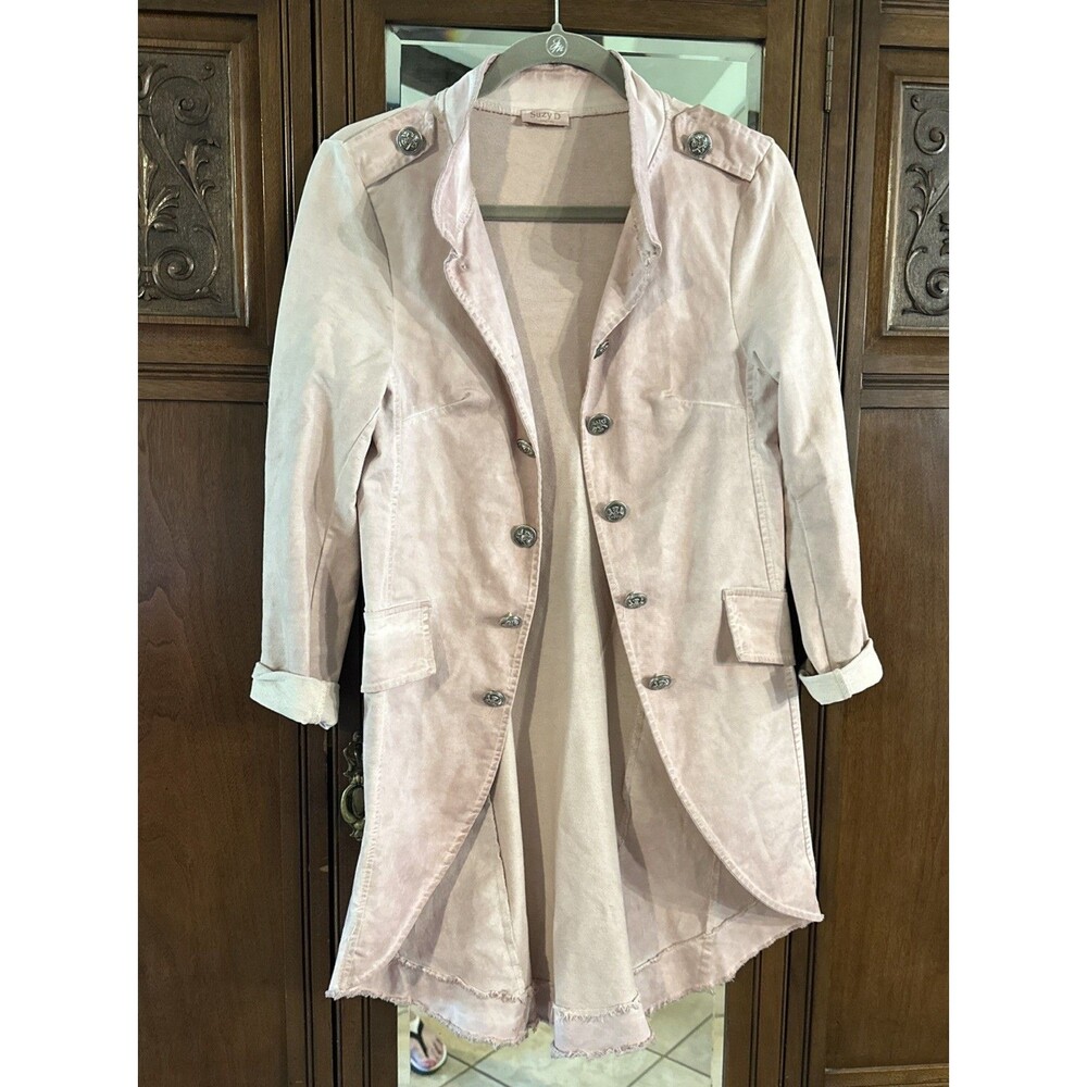 Suzy D London Pink Military Jacket Open Front High/Low Long Sleeve Sz M